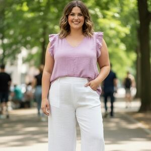 Muslin Gauze Sleeveless Crinkle Top Ruffle Flutter Accent Curvy size 2XL XXL